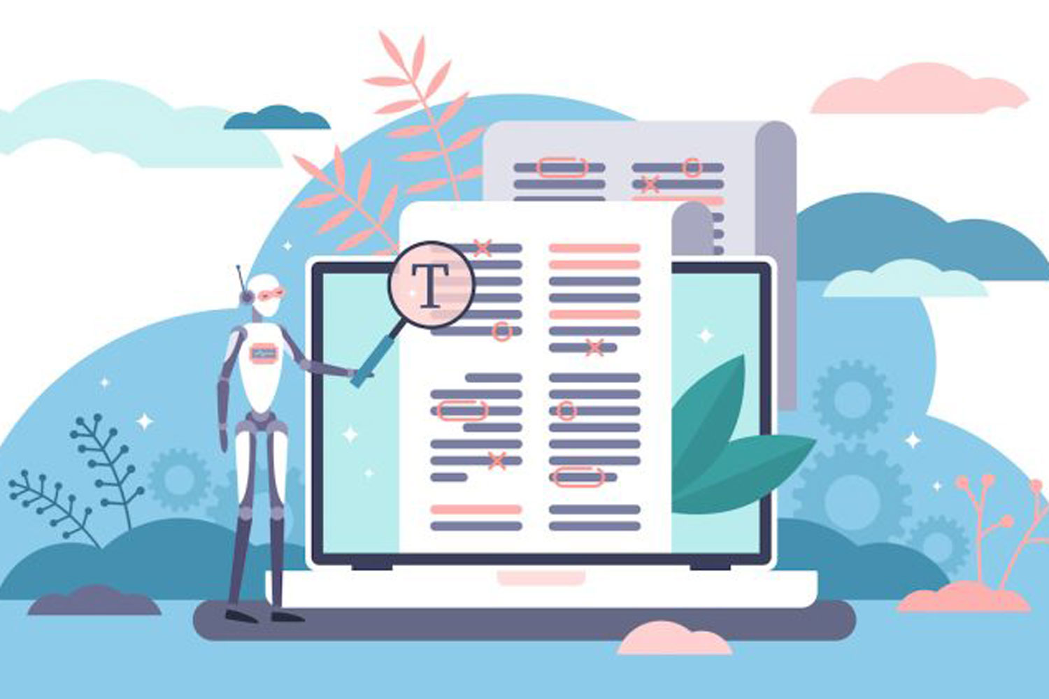 Cartoon android holding magnifying glass to laptop