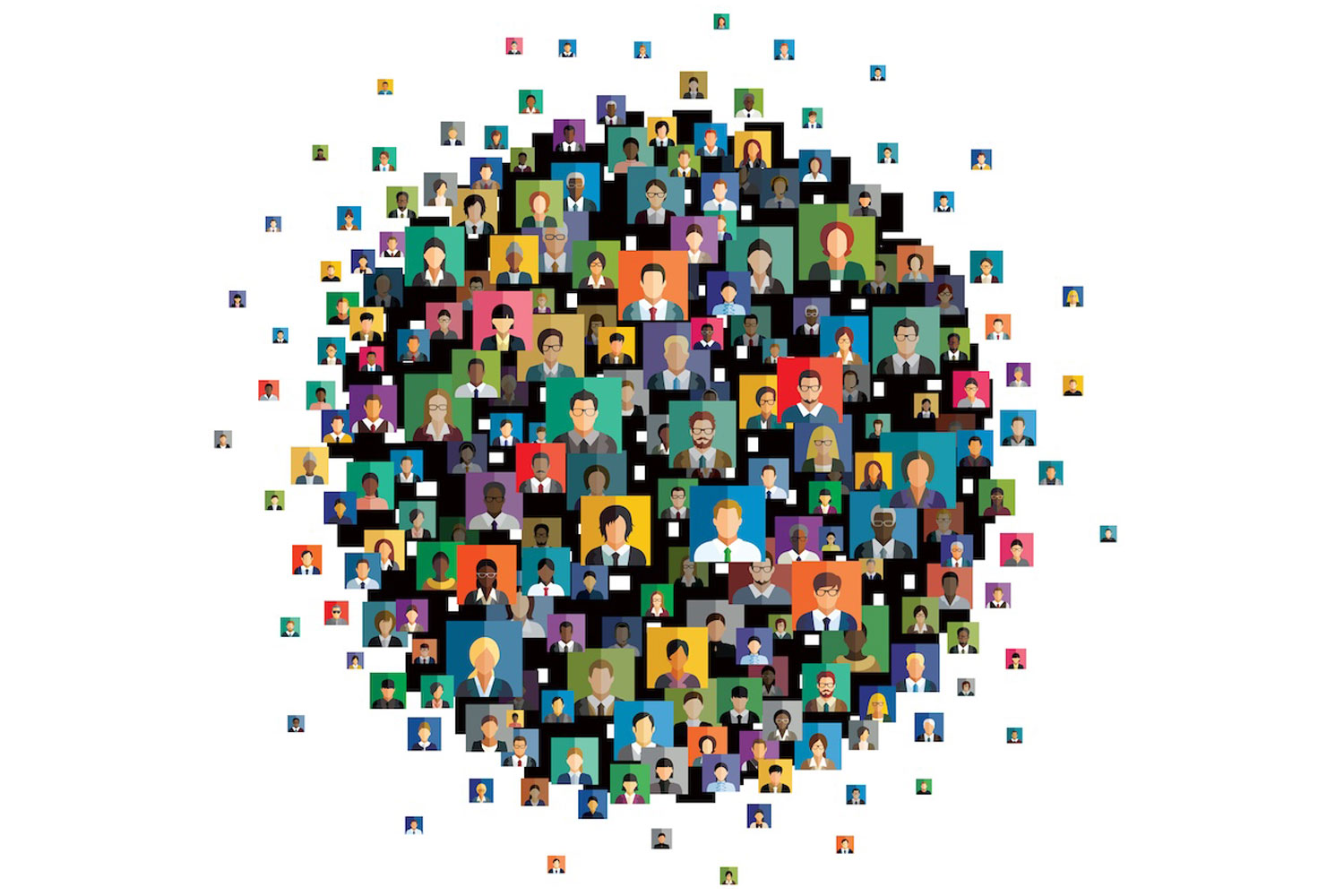 globe of illustrated headshots