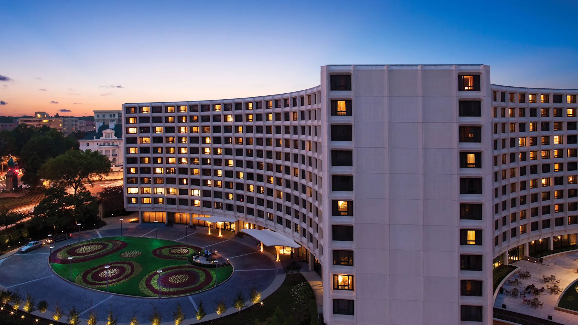 exterior of Washington Hilton hotel at dusk exterior of Washington Hilton hotel at dusk